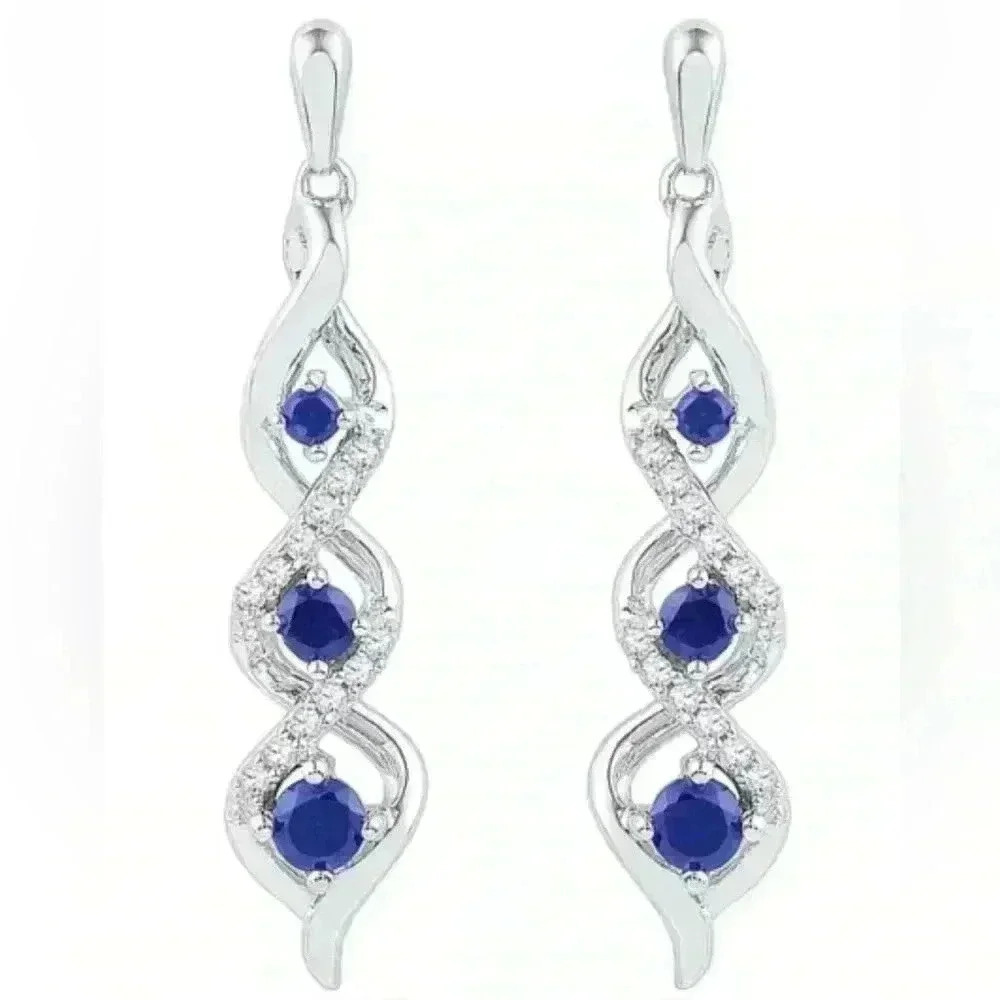New Gorgeous Sterling Silver Blue White Sapphires Drop Earrings